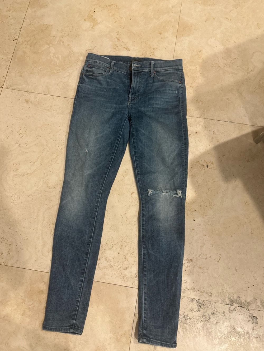 MOTHER Men's Slim Jeans in Medium Blue with Knee Distress